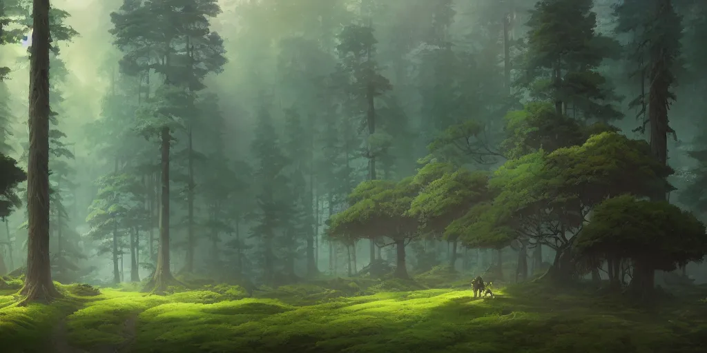 Image similar to A highly detailed matte oil painting of a forest, hyperrealistic, cinematic, breathtaking, beautiful composition, Studio Ghibli, Artgerm, Dan Mumford, rossdraws, James Jean, beeple, volumetric lighting, octane render, 4K resolution, trending on artstation