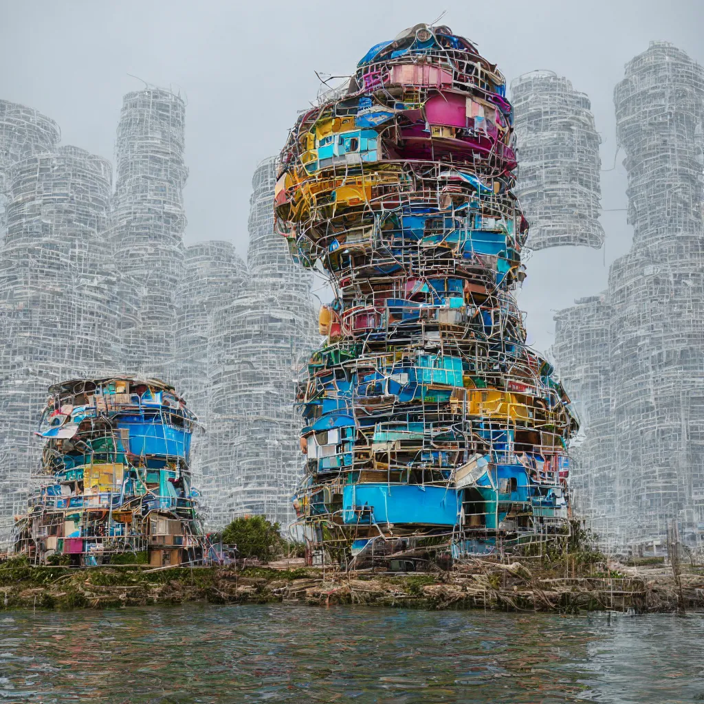 Image similar to a circular tower, made up of colourful makeshift squatter shacks suspended over water, dystopia, sony a 7 r 3, f 1 1, fully frontal view, ultra detailed, photographed by hiroshi sugimoto,