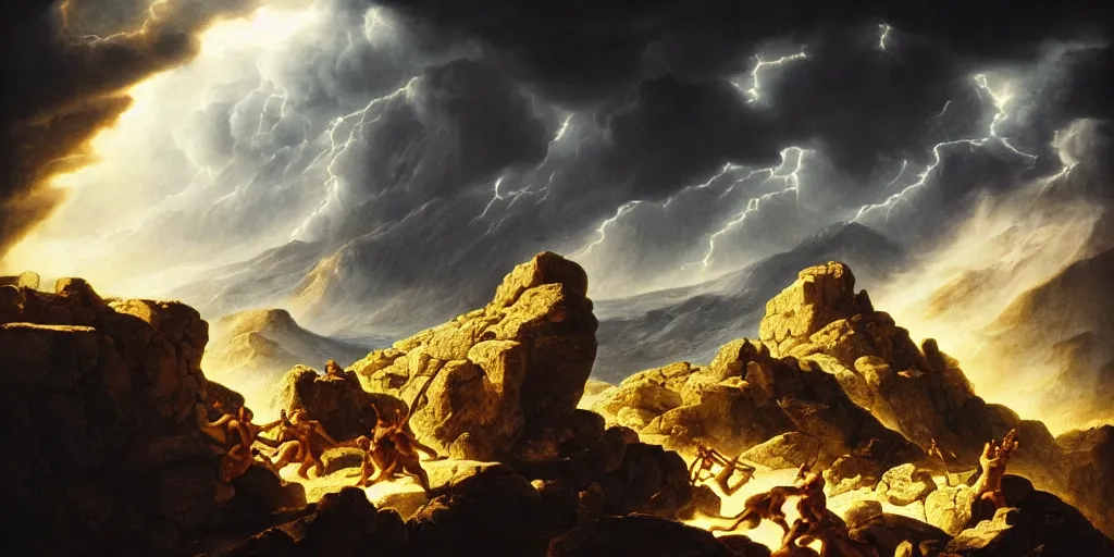 Image similar to amazing ancient landscape photo of greek gods fighting on top mount olympus, beautiful dramatic lighting