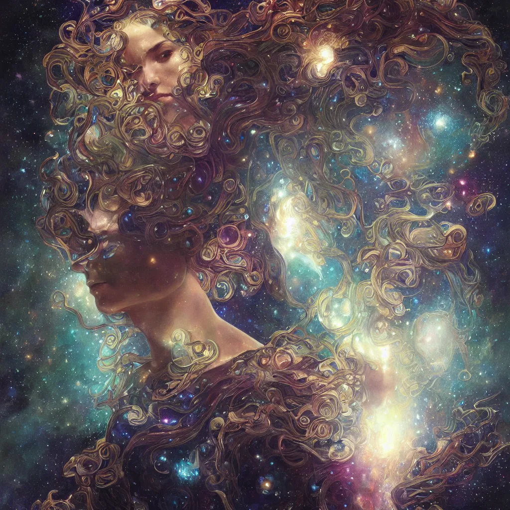 Image similar to portrait of a single cosmic god, suit made out of stars and galaxies and cosmic energy, intricate, headshot, highly detailed, digital painting, artstation, concept art, sharp focus, cinematic lighting, illustration, art by artgerm and greg rutkowski, alphonse mucha, cgsociety