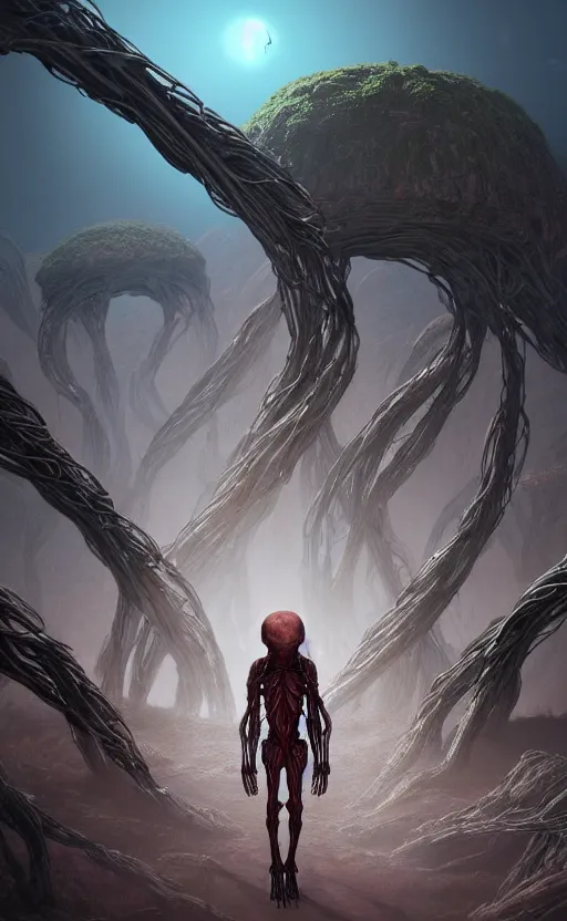 Image similar to a creature made out of visible arteries and veins and bones and muscles and spine and nerves, walking on an alien planet with aliens plants, looking at an alien breathtaking landscape, cinematic lighting, concept art, artstation