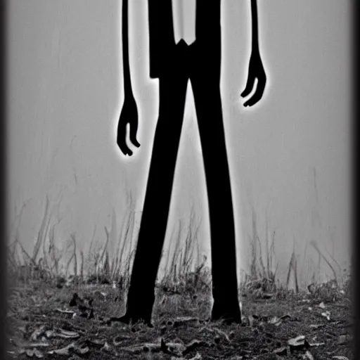 Prompt: black and white photo of slenderman