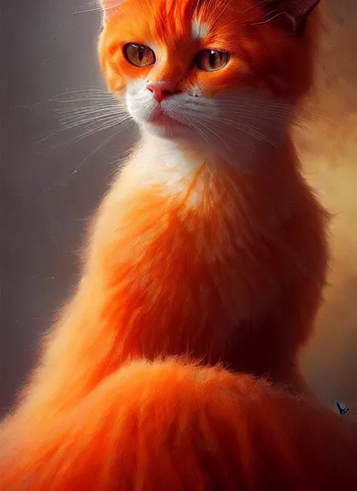Prompt: a beautiful orange fluffy cat with baroque dress, painted by artgerm and tom bagshaw, fantasy art, dramatic lighting, highly detailed oil painting