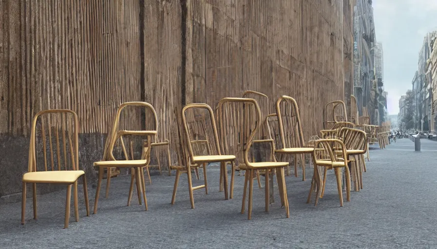 Image similar to chairs piled up ten meters high along the walls of the street, hyperrealistic shaded