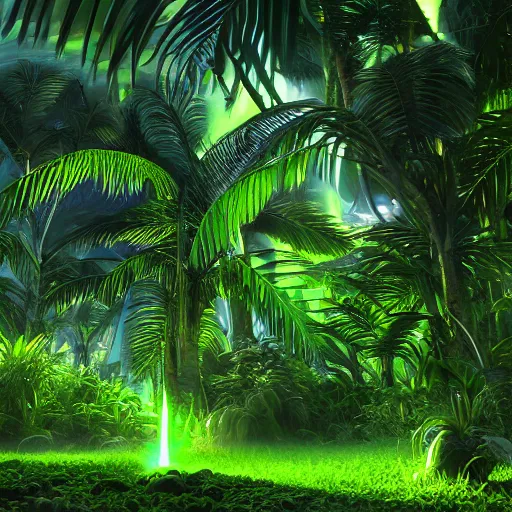 Image similar to green juice in a luscious tropical grove with neon auroras, path traced, environment, highly detailed, concept art, realistic, octane render, unreal engine, up close shot