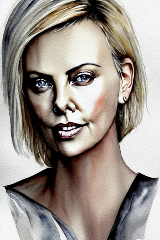 Prompt: charlize theron, grey, colorless and silent, watercolor portrait by ana santos