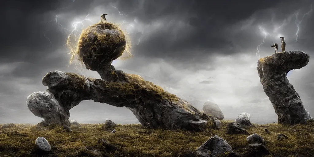 Image similar to photorealistic strange sculpture made of white bird skulls, in an epic landscape, with ominous storm clouds, strange levitating stones, stones falling from the sky, a gentle rising mist. occult photorealism, uhd, amazing depth, glowing, golden ratio, 3 d octane cycle unreal engine 5, volumetric lighting, cinematic lighting, cgstation artstation concept art