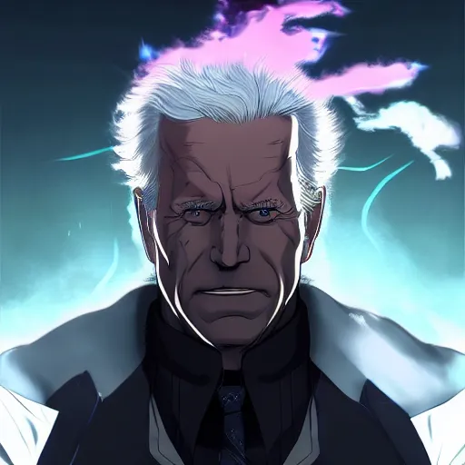 Image similar to portrait of dark biden the embodiment of global destruction, anime fantasy illustration by tomoyuki yamasaki, kyoto studio, madhouse, ufotable, square enix, cinematic lighting, trending on artstation