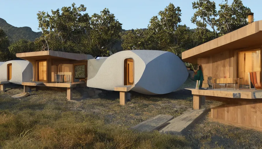 Image similar to An architectural rending of an eco-community neighborhood of innovative contemporary 3D printed sea ranch style cabins with rounded corners and angles, beveled edges, made of cement and concrete, organic architecture, on the California coastline with side walks, parks and public space , Designed by Gucci and Wes Anderson, golden hour