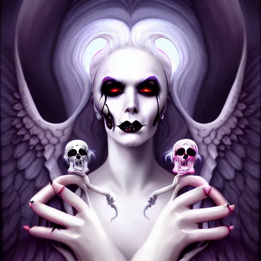 Prompt: goddess of death in a cemetary, white hair, bright, cool colors, digital painting, surrealism, by natalie shau