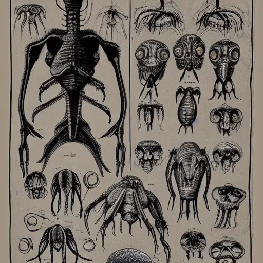 Prompt: encyclopedia of drawing of alien creatures, with organs labeled