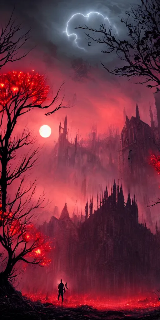 Image similar to abandoned bloodborne old valley with a person at the centre and a ruined gothic city at the end of the valley, trees and stars in the background, falling red petals, epic red - orange moonlight, perfect lightning, wallpaper illustration by niko delort and kentaro miura, 4 k, ultra realistic