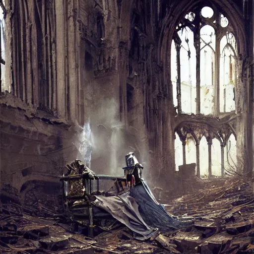 Image similar to Skeleton wearing ragged clothes and a plate armour resting on a throne inside a ruined cathedral, oil painting, by Greg Rutkowski