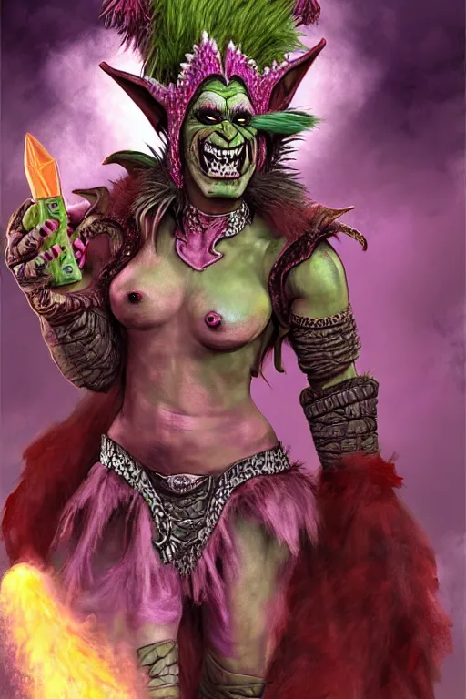 Image similar to fantasy artwork of an orc that is a drag queen, drag queen orc in frilly ballgown