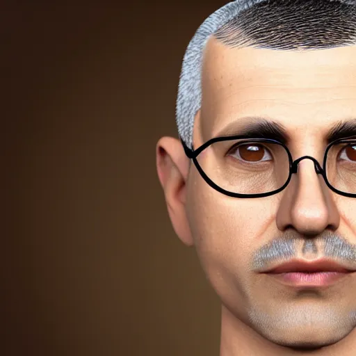 Prompt: 50 year old greying brunette man with very short hair, buzz cut, round round round face round face round face, square face, round jaw, wide chin , romanian, silver silver glasses, romanian heritage, brown eyes, brown eyes, olive skin, round nose, round chin, clean shaven wide face, thin lips, digital art, cgsociety, painterly, painting, 8k, illustration, beautiful, art by loish loish loish, painterly, trending on artstation, medium shot, uncropped