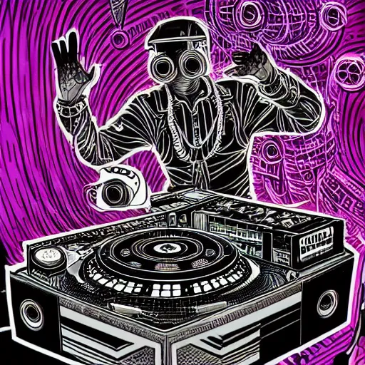 Image similar to intricate detailed artwork of a futuristic hardstyle music dj at an underground warehouse rave in the style of Geof Darrow, VR headset, wires, speakers, neon