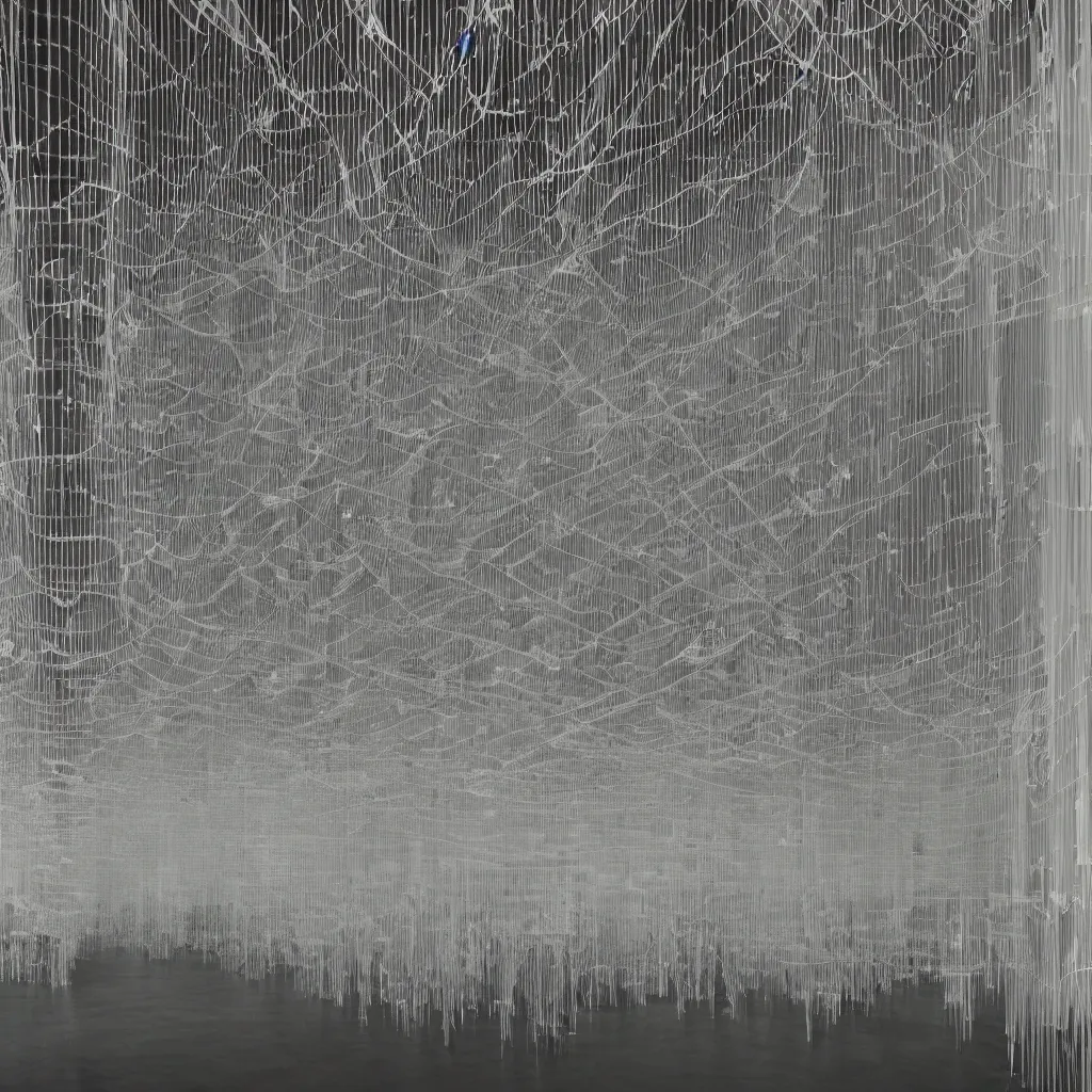 Prompt: architectural data flux, neo brutalist architecture philip beesley, virtual ghost