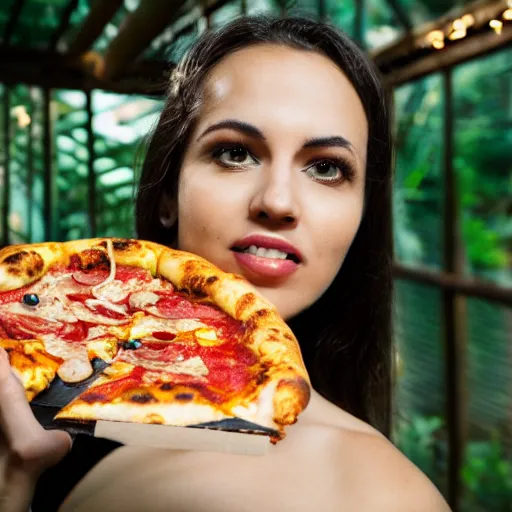 Image similar to close up portrait of beautiful woman wearing a pizza in a tropical greenhouse with an owl on her shoulder, bokeh, cinematic colors