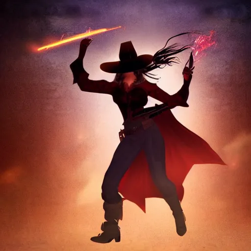 Image similar to Fantasy digital art for magic the gathering card, action shot of a wild west witch with a revolver firing out a red magical spell. Background has wild west scenery behind her at night.