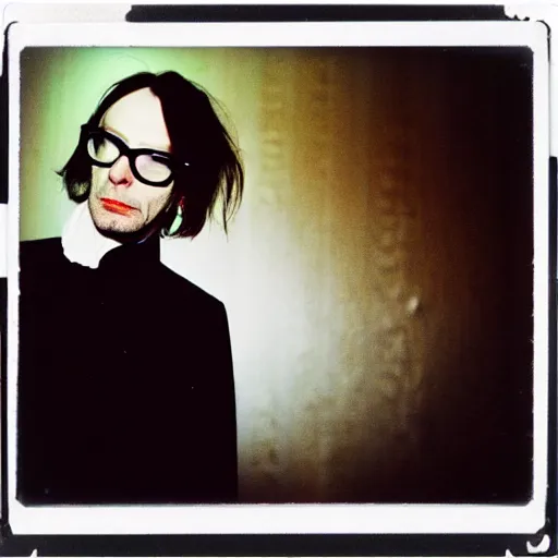 Prompt: jarvis cocker wearing goth clothing, portrait, polaroid, by nan goldin