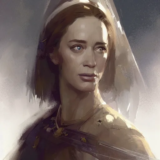 Prompt: portrait of emily blunt as a medieval knight, fantasy art by greg rutkowski