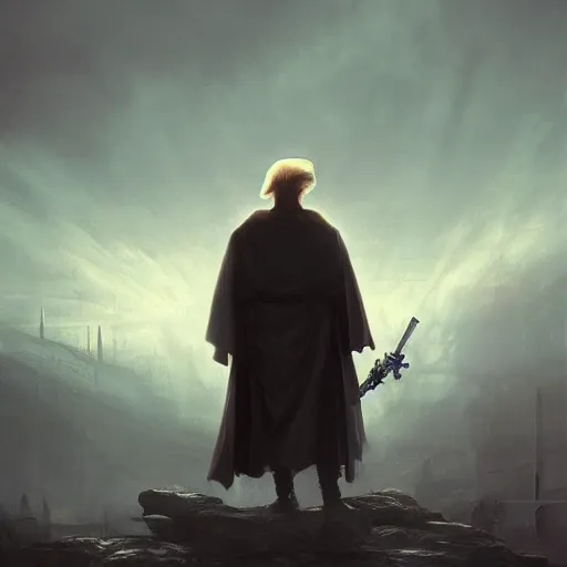 Image similar to Donald Trump as a jedi hero, capitol hill, post-apocalyptic, cinematic, atmospheric, highly detailed, artstation, stålenhag, Emanuel Leutze, Carl Wahlbom