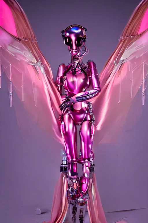 Image similar to full-body baroque and bladerunner style pink neon and chrome statue of a beautiful pale priestess robot goddess humanoid wearing a see-through silk kimono, falling from the ceiling, glowing peach face, street hoody of red steampunk lasers, emeralds, swirling silver silk fabric. futuristic elements. oozing glowing liquid, full-length view. space robots. human skulls. throne made of bones, intricate artwork by caravaggio. Trending on artstation, octane render, cinematic lighting from the right, hyper realism, octane render, 8k, depth of field, 3D