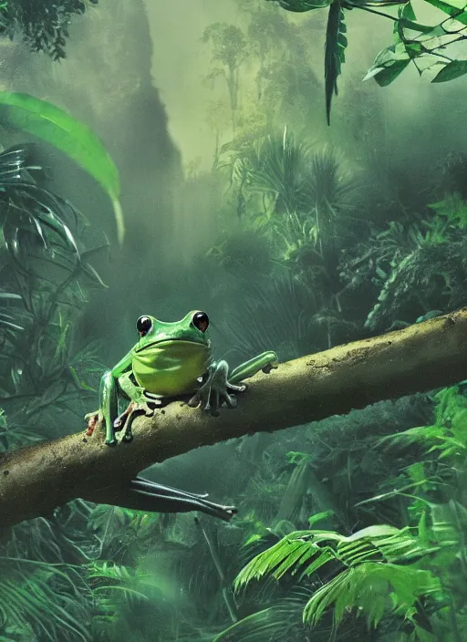 Image similar to a beautiful matte painting of a green frog in the jungle, kambo