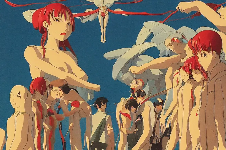 Image similar to gigantic evangelion angels with human faces catch tiny threads, a lot of exotic mechas robots around, human heads everywhere, risograph by kawase hasui, dirtyrobot, edward hopper, satoshi kon and moebius, colorful flat surreal design, super - detailed, a lot of tiny details, fullshot