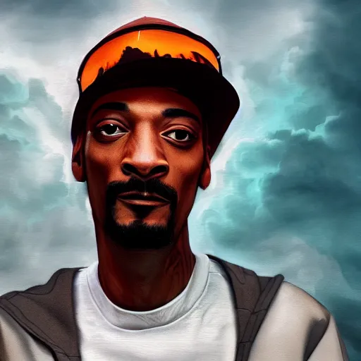 Image similar to colossal god snoop dog is smoking in the clouds, coming out smoke in cloud shapes, highly detailed, digital painting, artstation, octane render, matte, sharp focus, impressionist painting