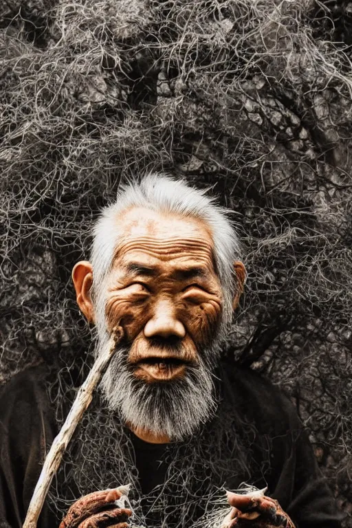 Image similar to full body shot of hanging old asian man with long beard, his head covered in roots, full face occult silver mask, bright multiple glowing eyes, holding a large carved wooden dark fractal stick, hanging upside down, thick smoke around him, in the burning soil desert, cinematic shot, wide angle, dark desert background, volumetric lighting by Denis Villeneuve, Lubezki, Gaspar Noe, Christopher Doyle and Alejandro Jodorowsky, anamorphic lens, anamorphic lens flares, kodakchrome, cinematic composition, practical effects, award winning photo, 8k