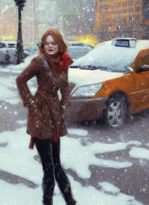 Image similar to emma stone getting out of a taxi in winter, artwork by gaston bussiere, craig mullins, trending on artstation