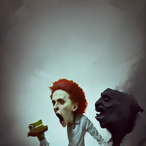 Prompt: the mad scientist screaming to the camera, portrait, artwork by Sergey Kolesov