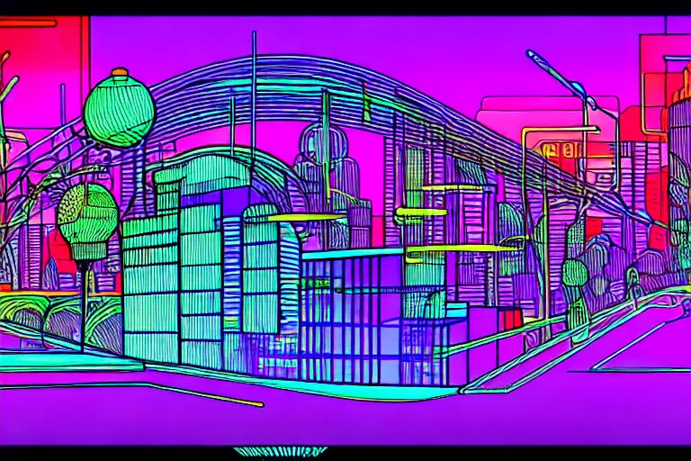 Prompt: art nouveau, fauvism, neon geometric inks, cyberpunk, fantasy landscape, wireframe datascape village.