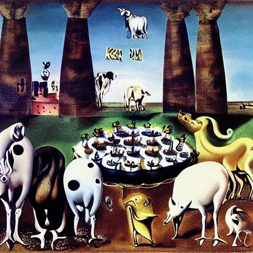 Image similar to all animals in the farm are hosting a birthday party for the king of pig by Salvador Dalí