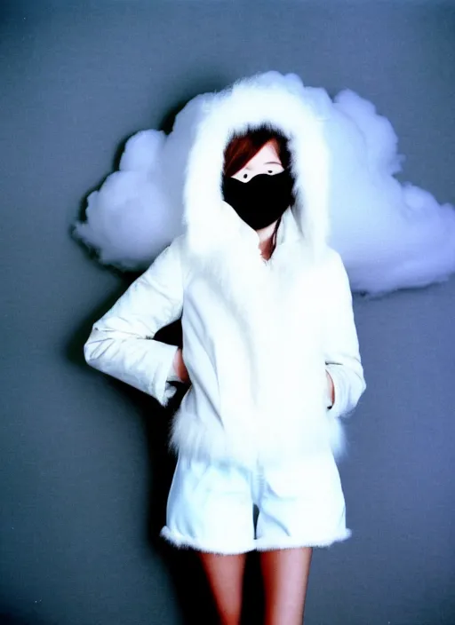 Prompt: realistic photo portrait of the common girl wearing white shorts, dressed in white long fur coat, face is covered with a blank mask, there is a cloud in the middle 1 9 9 0, life magazine reportage photo