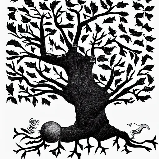 Prompt: the tree of knowledge bearing strange fruit by mc escher, line art, charcoal, ink drawing, illustration, color