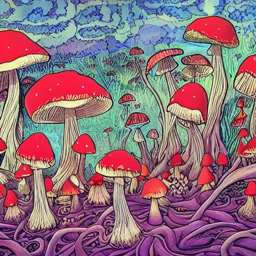 Image similar to abundant and elaborate visions once the mushroom gods come to roost