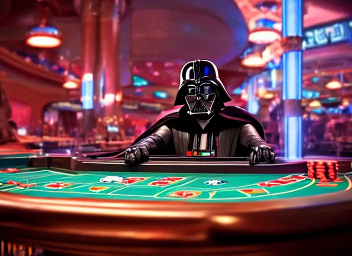 Prompt: film still of Darth Vader gambling in Vegas in the new Star Wars movie, 4k