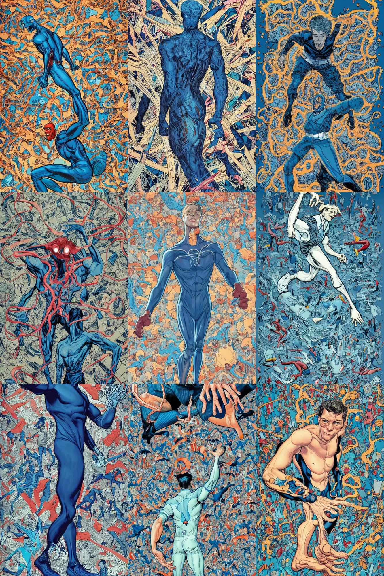 Prompt: mr. fantastic illustrated by james jean with very long hands and arms and fingers and legs and feet twirling and twisting around the area