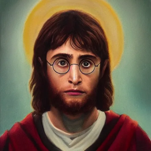 Prompt: Harry Potter as Jesus Christ, oil painting, high detail,