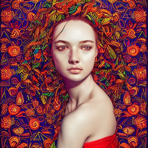 Image similar to the portrait of a beautiful and elegant young woman made up of peppers, an ultrafine detailed illustration by james jean, intricate linework, bright colors, final fantasy, behance contest winner, vanitas, angular, altermodern, unreal engine 5 highly rendered, global illumination, radiant light, detailed and intricate environment