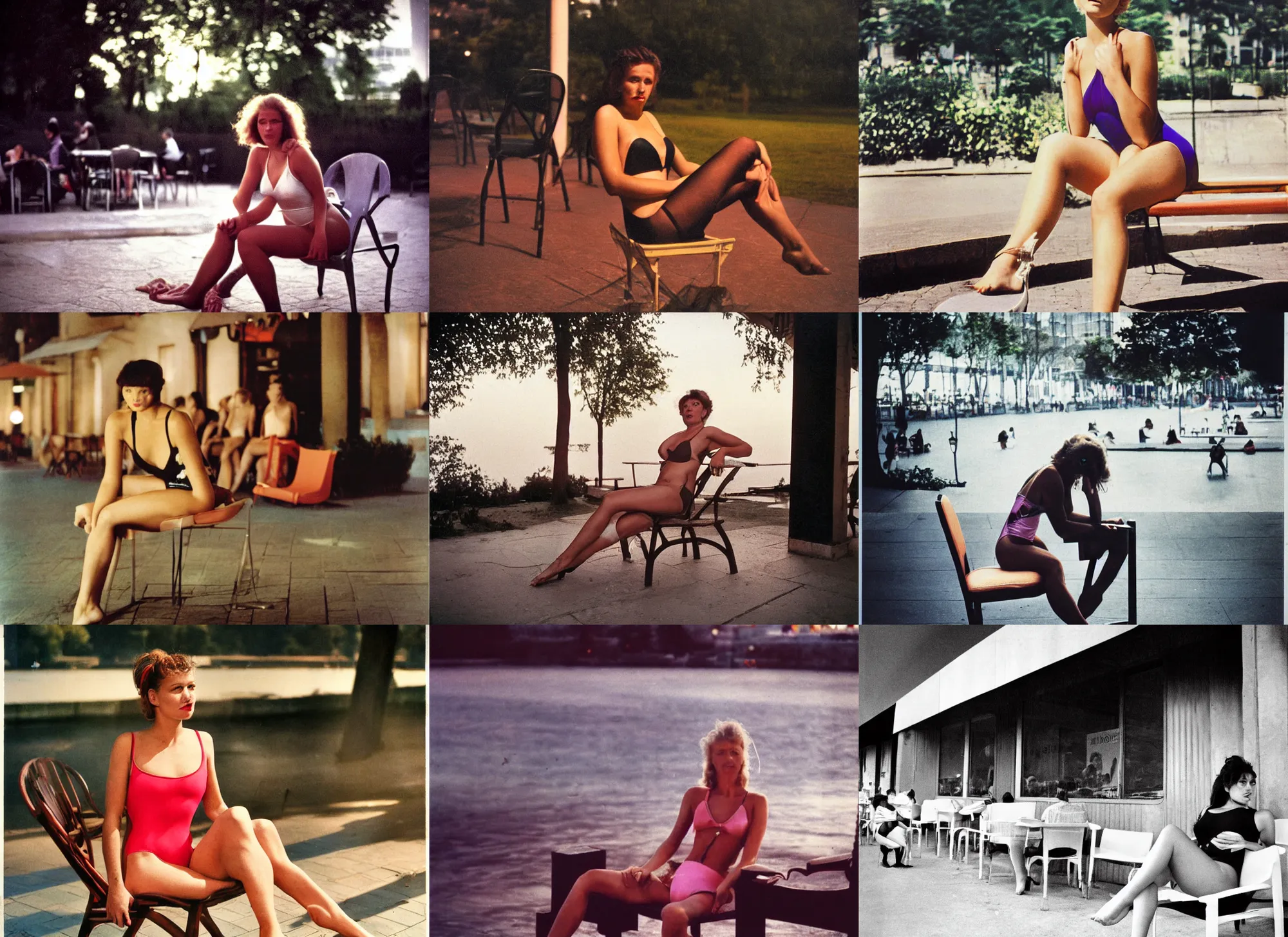 Prompt: color photograph portrait of a beautiful woman in swimsuit sitting on the chair of the open air cafeteria, tights, people, night, summer, dramatic lighting, 1 9 9 0 photo from live magazine.