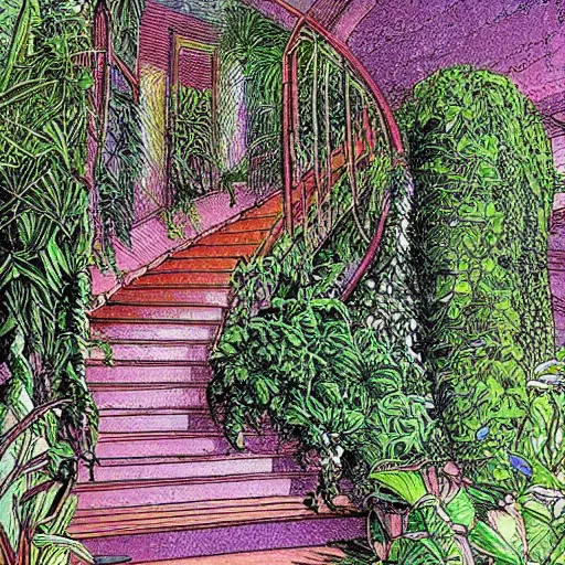 Image similar to old white house stairs into colorful lush garden, drawing moebius