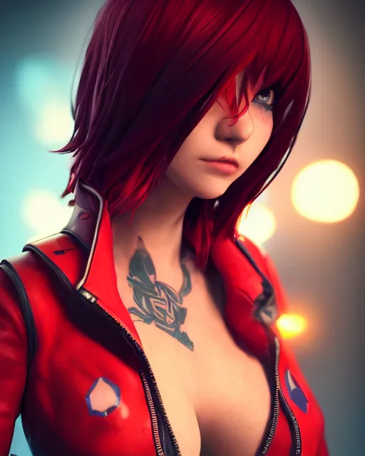 Image similar to a girl with short red hair, cool, vi from arcane, league of legends, fighter, cool red jacket, tattoo, beautiful, 3 d, potrait, art staion, studio light, closeup shot, octane render, wlop, realistic, neon