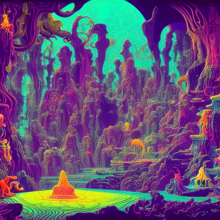 Image similar to interior mythical crystal temple, dog and rabbit silhouettes, psychedelic waves, synthwave, bright neon colors, highly detailed, cinematic, eyvind earle, tim white, philippe druillet, roger dean, ernst haeckel, lisa frank, aubrey beardsley, kubrick