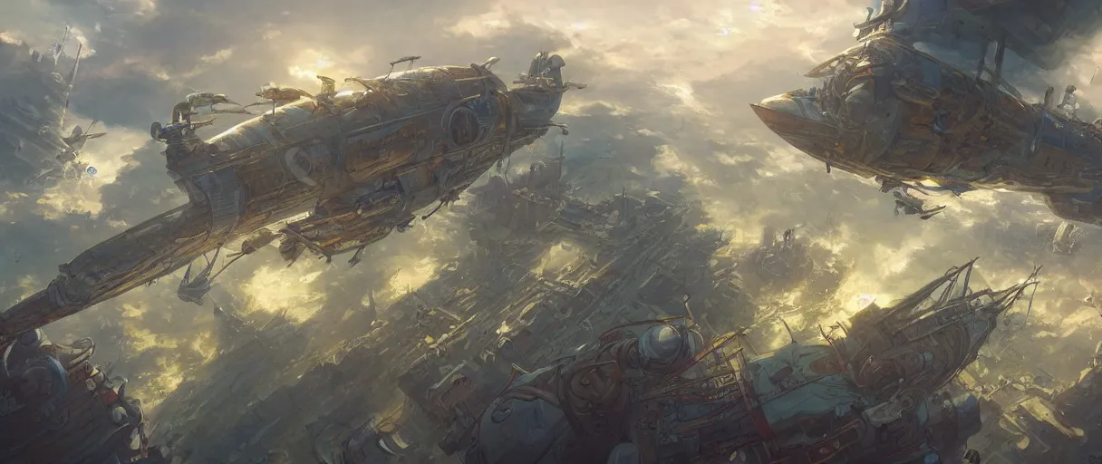 Prompt: a beautiful illustration of an airship port in a cloudpunk world by Jesper ejsing , cinematic atmosphere, establishing shot, viewed from above