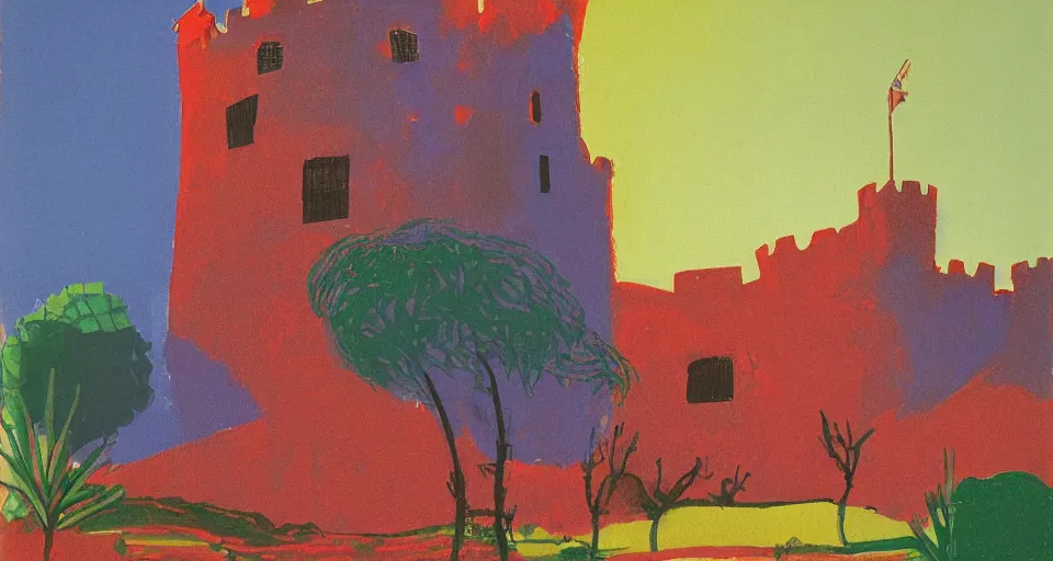 Image similar to color sketch of denia castle, highly detailed, dramatic lighting, intense shadows, rich deep colours, by david hockney