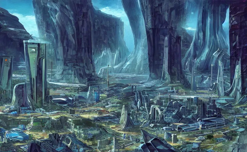 Image similar to a futuristic city on the edge of a canyon cliff, 70s sci-fi art style