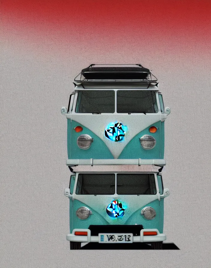 Image similar to front view vw camper touring rural japan, a collage painting, in the style of wes anderson, lola dupre, david hockney, isolated on negative white space background dark monochrome fluorescent spraypaint accents volumetric octane render